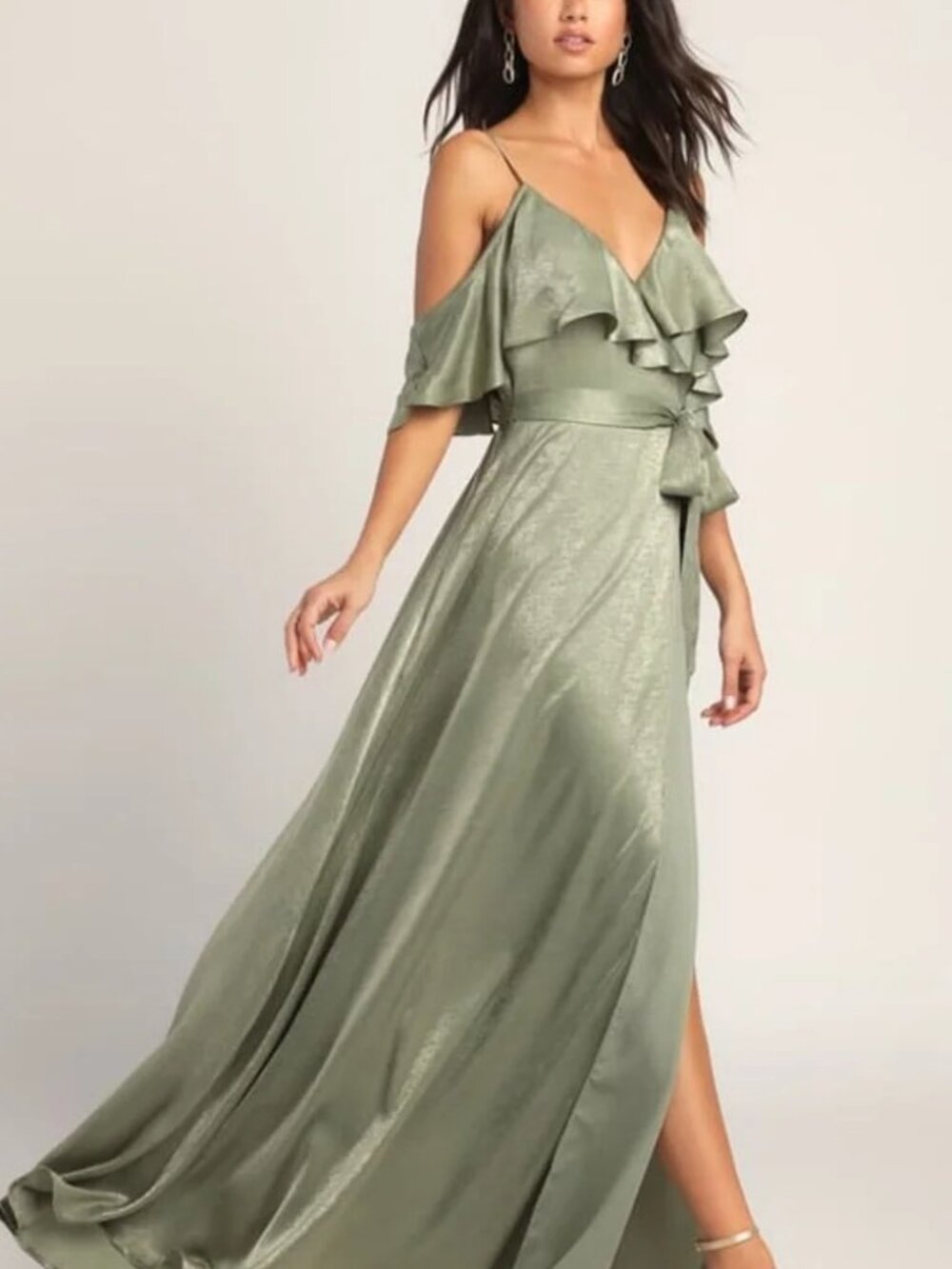 NWT Lulu’s Moriah Sage Green Satin Wrap Maxi Dress